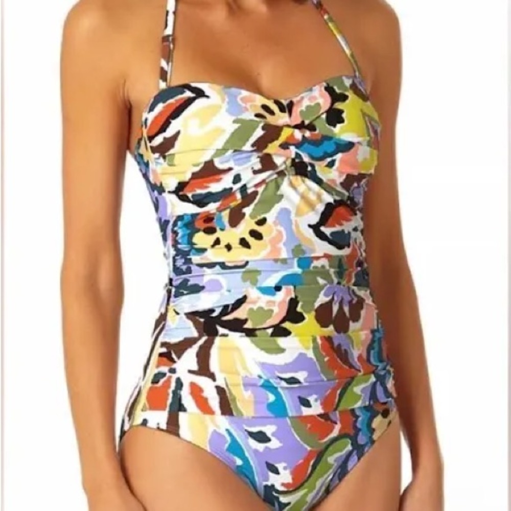 NWT Anne Cole Womens Solid Twist Front Shirred Bandeau Tankini Swim Top, Paisley